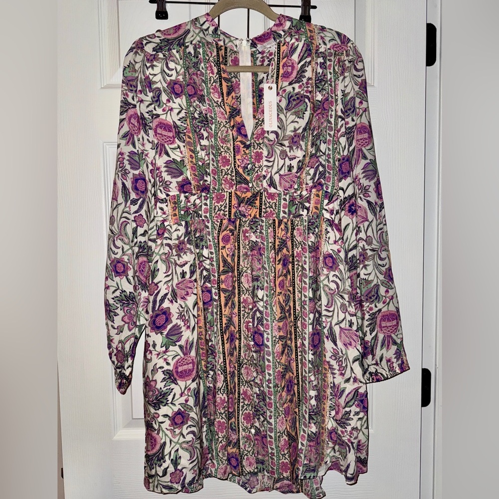 Olivaceous Floral Long-Sleeve Tunic Dress in Purple and Cream with Green Accents